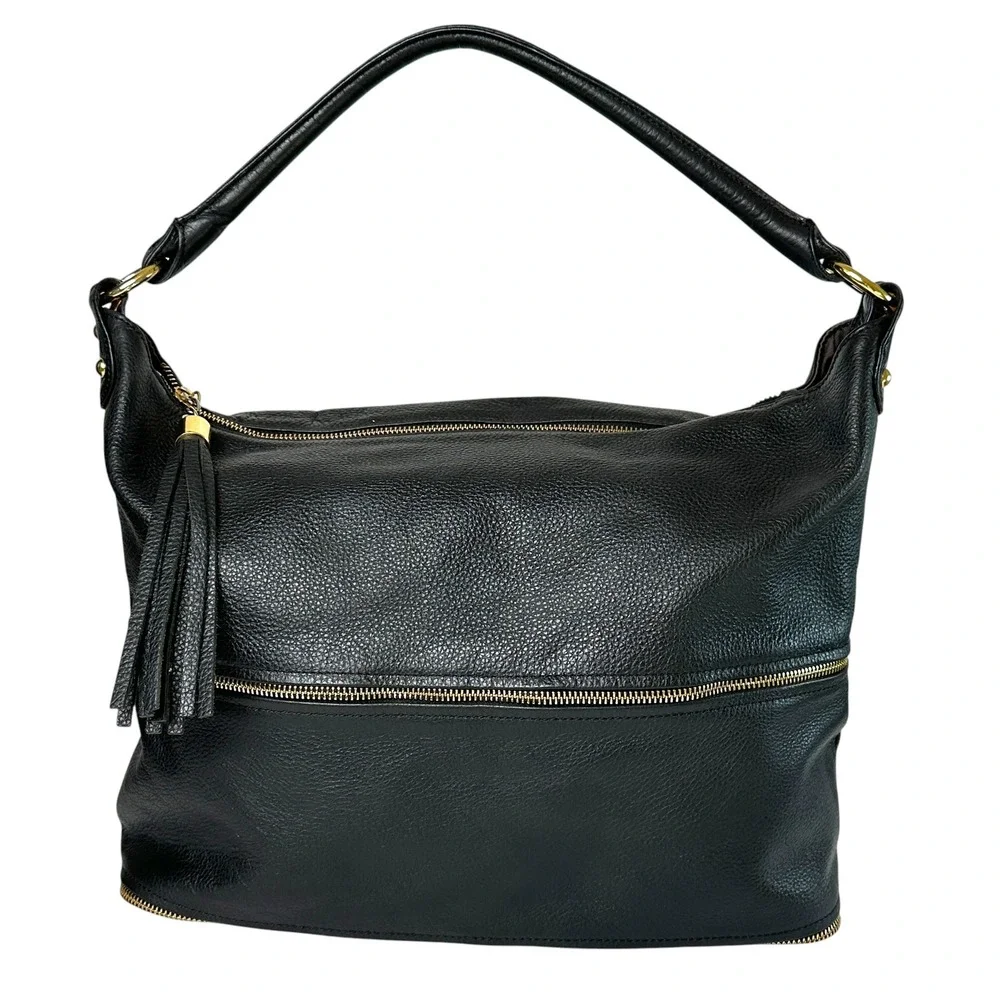 Onna Ehrlich Handbag Kemi Hobo Pebbled Leather‎ Tassel Zip Black OS Boho Chic